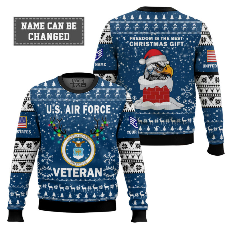 Hooktab US Air Force Freedom Is The Best Gift - Custom Name And Rank Ugly Sweater Hooktab US Air Force Freedom Is The Best Gift - Custom Name And Rank Ugly Sweater