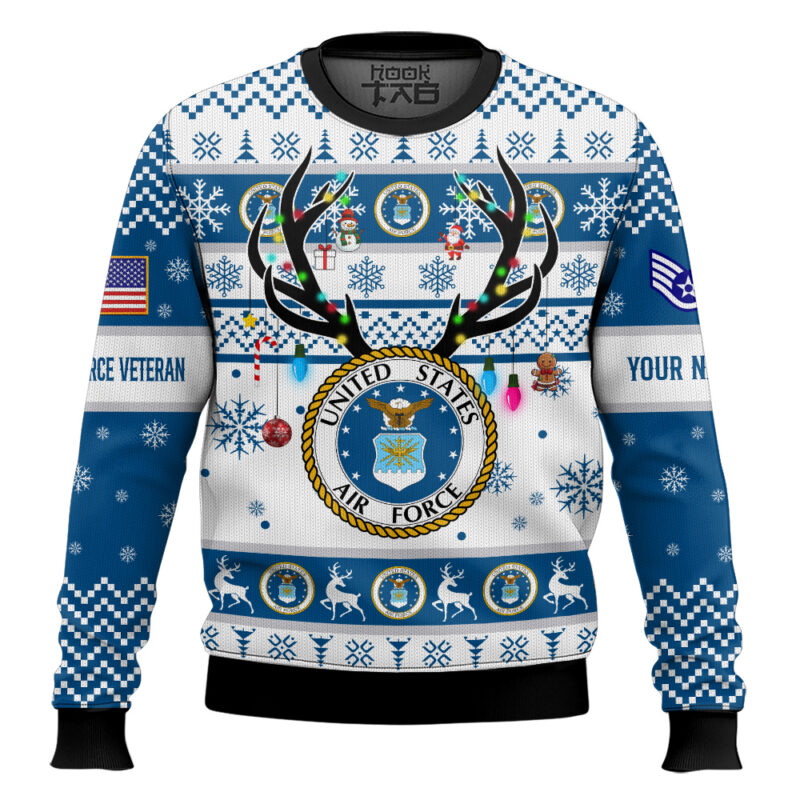 Hooktab US Air Force God Found The Strongest Men And Made Them Veteran - Custom Name And Rank Ugly Sweater