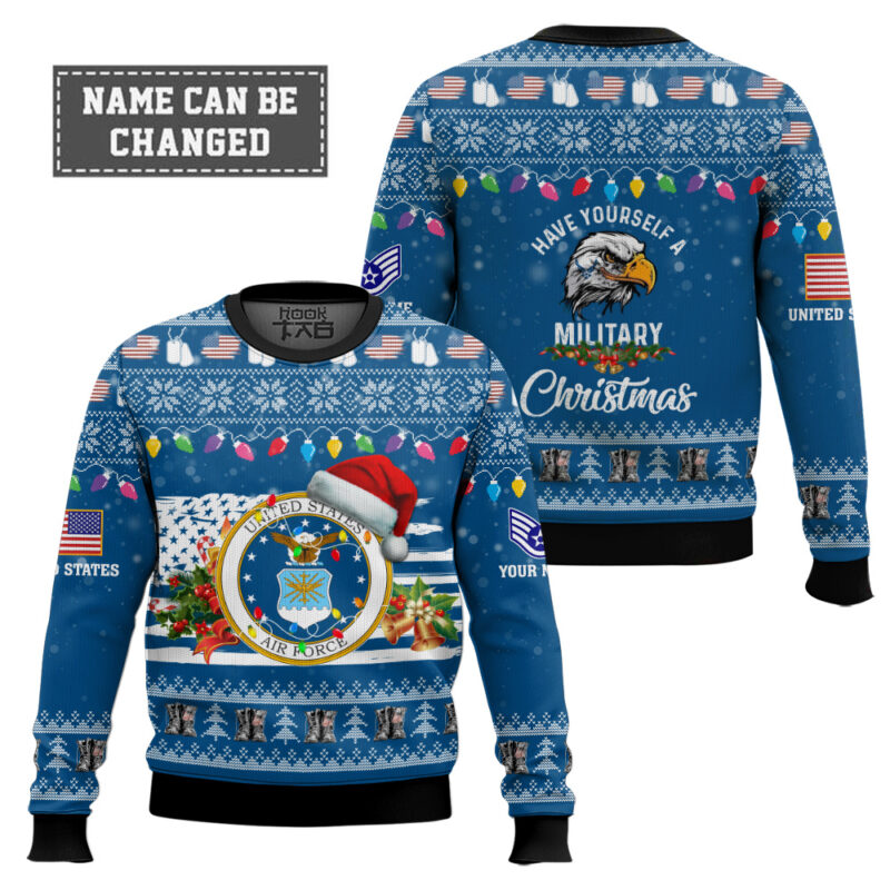 Hooktab US Air Force Have Yourself A Military Christmas - Custom Name And Rank Ugly Sweater Hooktab US Air Force Have Yourself A Military Christmas - Custom Name And Rank Ugly Sweater