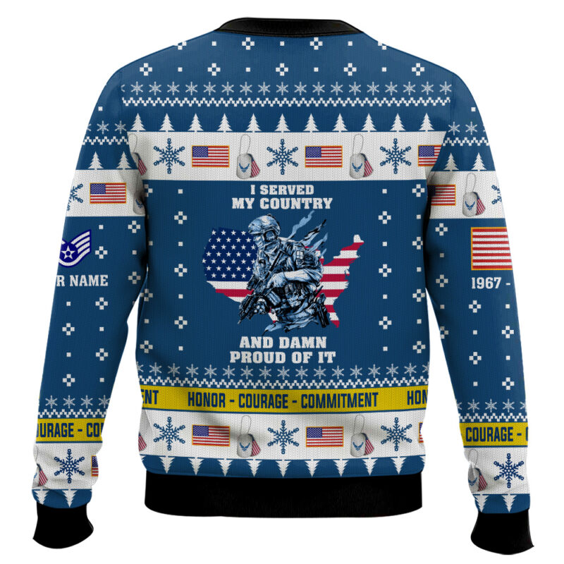 Hooktab US Air Force I Served My Country And Damn Proud Of It - Custom Name, Rank And Years Of Service Ugly Sweater Hooktab US Air Force I Served My Country And Damn Proud Of It - Custom Name, Rank And Years Of Service Ugly Sweater
