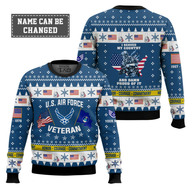 Hooktab US Air Force I Served My Country And Damn Proud Of It - Custom Name, Rank And Years Of Service Ugly Sweater Hooktab US Air Force I Served My Country And Damn Proud Of It - Custom Name, Rank And Years Of Service Ugly Sweater