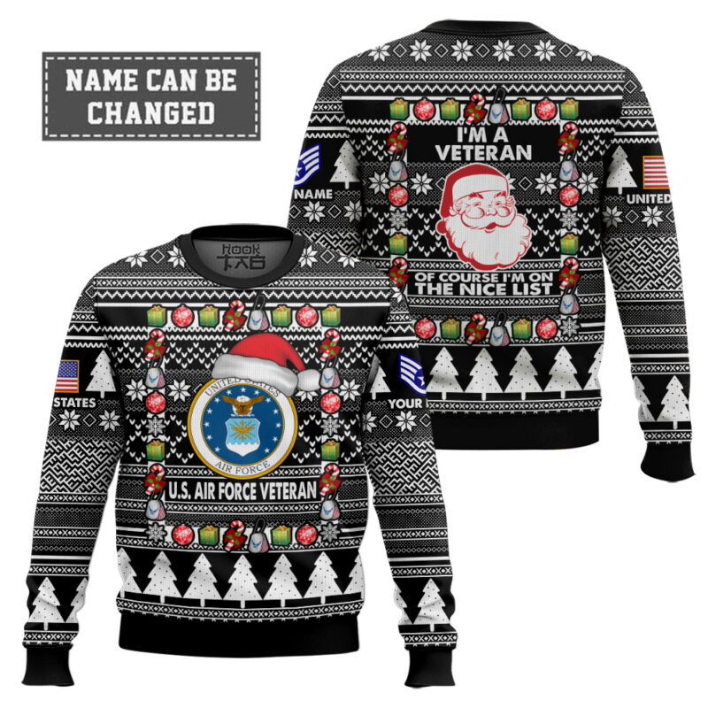 Hooktab US Air Force I'm A Veteran, Of Course I'm On The Nice List - Custom Name And Rank Ugly Sweater Hooktab US Air Force I'm A Veteran, Of Course I'm On The Nice List - Custom Name And Rank Ugly Sweater