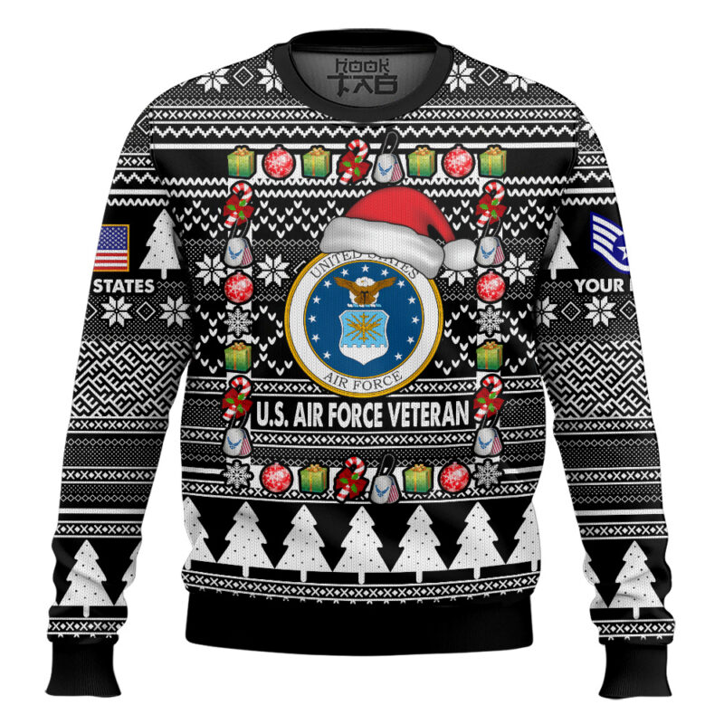 Hooktab US Air Force I'm A Veteran, Of Course I'm On The Nice List - Custom Name And Rank Ugly Sweater