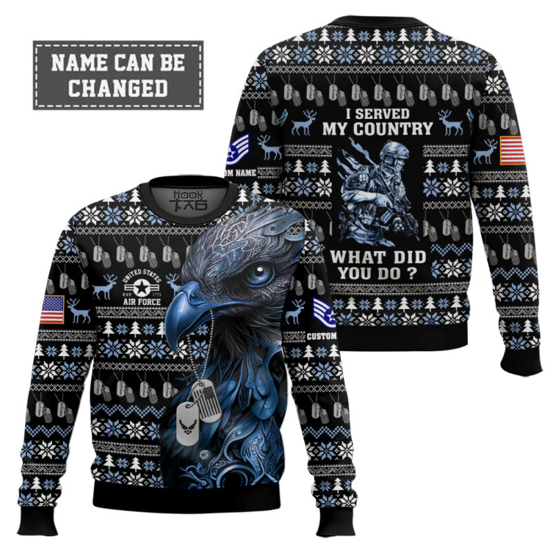 Hooktab US Air Force Liberty Eagle I Served My Country - Custom Name And Rank Ugly Sweater Hooktab US Air Force Liberty Eagle I Served My Country - Custom Name And Rank Ugly Sweater