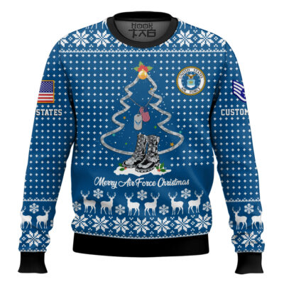 Hooktab US Air Force Merry Christmas - Custom Name And Rank Ugly Sweater