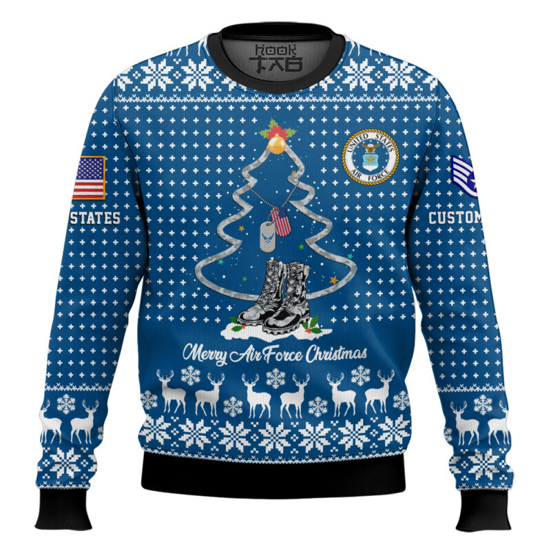 Hooktab US Air Force Merry Christmas - Custom Name And Rank Ugly Sweater