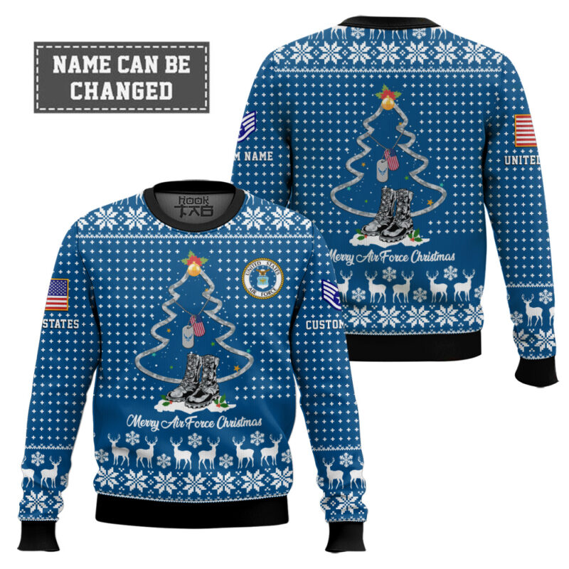 Hooktab US Air Force Merry Christmas - Custom Name And Rank Ugly Sweater Hooktab US Air Force Merry Christmas - Custom Name And Rank Ugly Sweater