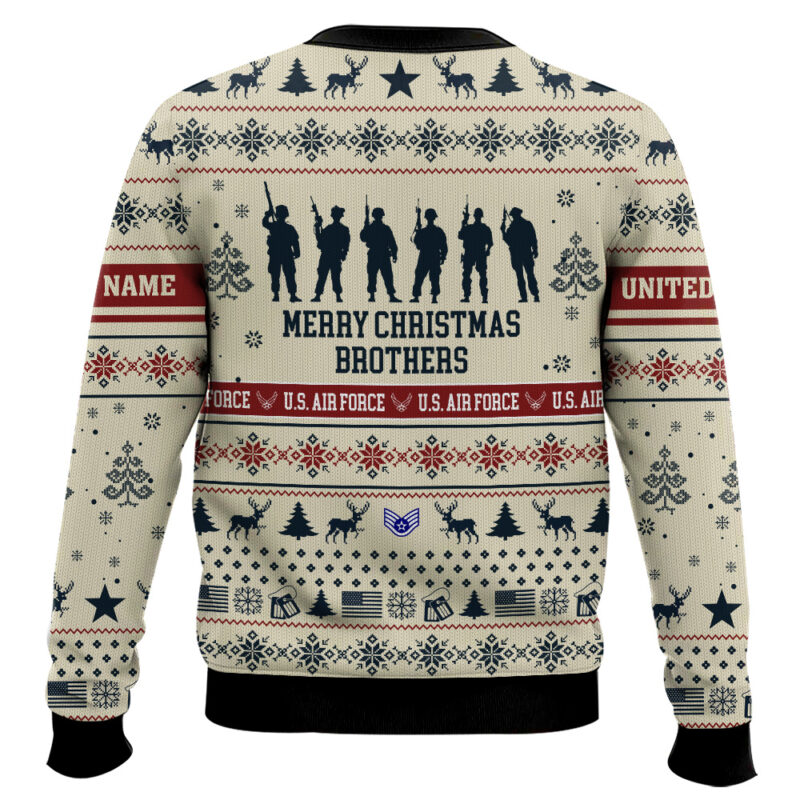 Hooktab US Air Force Merry Christmas Brothers - Custom Name And Rank Ugly Sweater Hooktab US Air Force Merry Christmas Brothers - Custom Name And Rank Ugly Sweater