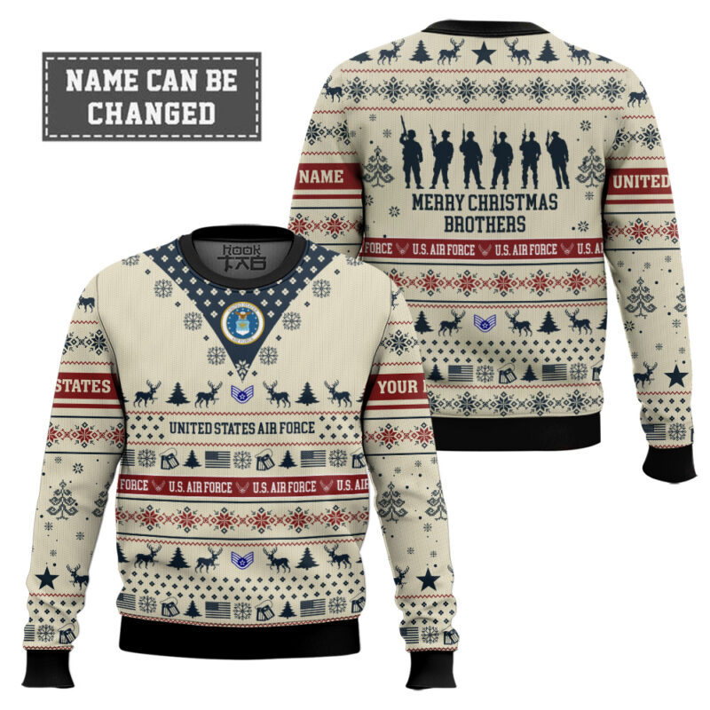 Hooktab US Air Force Merry Christmas Brothers - Custom Name And Rank Ugly Sweater Hooktab US Air Force Merry Christmas Brothers - Custom Name And Rank Ugly Sweater