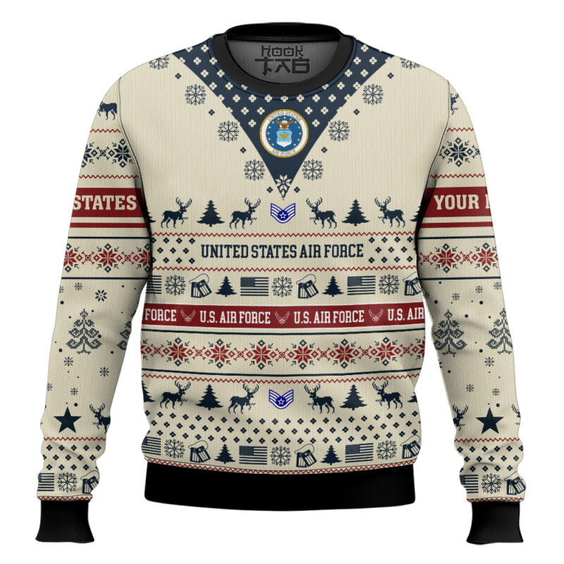 Hooktab US Air Force Merry Christmas Brothers - Custom Name And Rank Ugly Sweater Hooktab US Air Force Merry Christmas Brothers - Custom Name And Rank Ugly Sweater