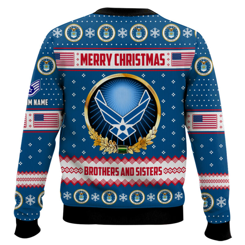 Hooktab US Air Force Merry Christmas Brothers And Sisters - Custom Name And Rank Ugly Sweater Hooktab US Air Force Merry Christmas Brothers And Sisters - Custom Name And Rank Ugly Sweater