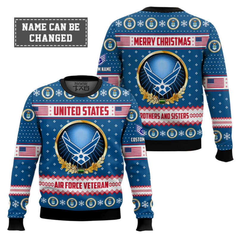 Hooktab US Air Force Merry Christmas Brothers And Sisters - Custom Name And Rank Ugly Sweater Hooktab US Air Force Merry Christmas Brothers And Sisters - Custom Name And Rank Ugly Sweater