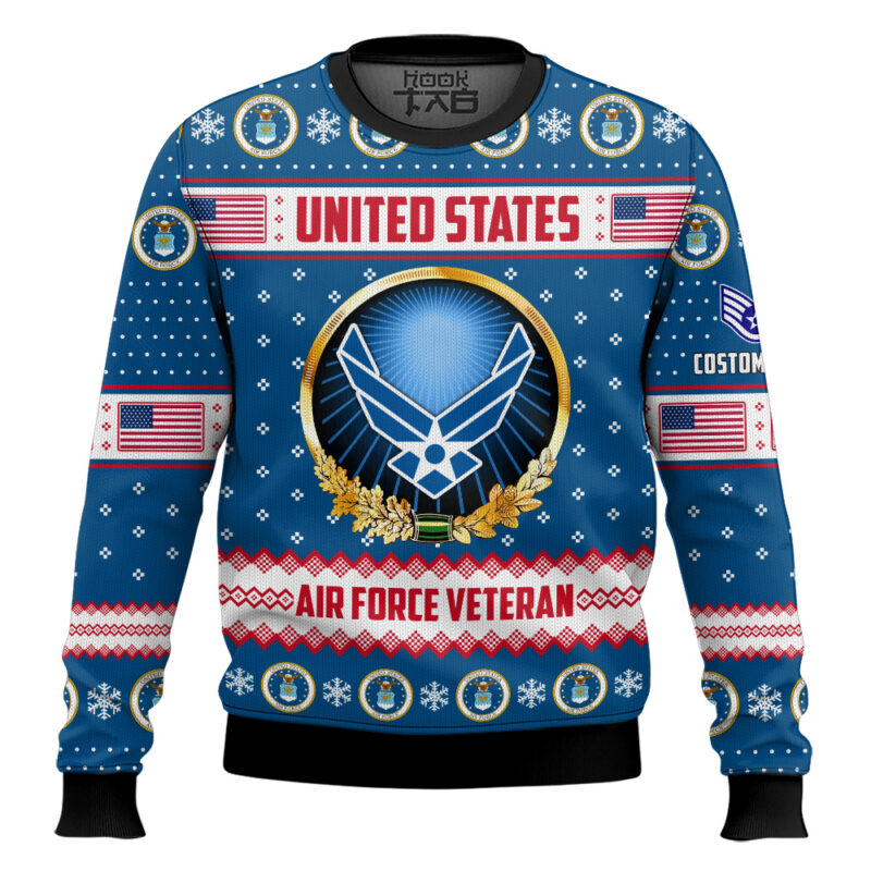 Hooktab US Air Force Merry Christmas Brothers And Sisters - Custom Name And Rank Ugly Sweater