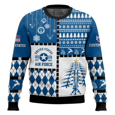 Hooktab US Air Force Merry Christmas Veteran - Custom Name And Rank Ugly Sweater