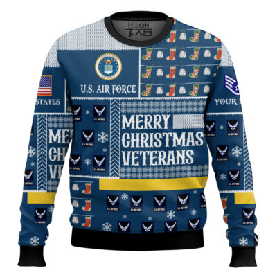Hooktab US Air Force Merry Christmas Veterans - Custom Name And Rank Ugly Sweater