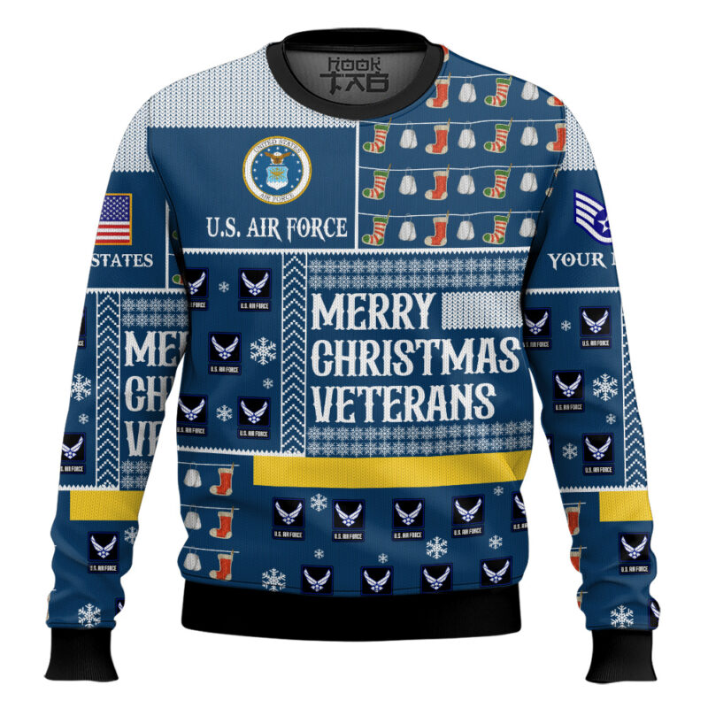 Hooktab US Air Force Merry Christmas Veterans - Custom Name And Rank Ugly Sweater