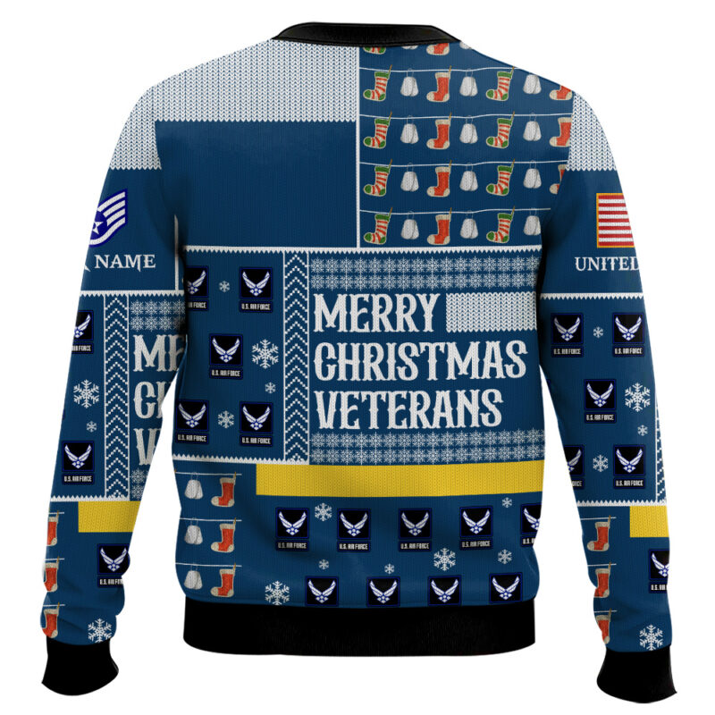 Hooktab US Air Force Merry Christmas Veterans - Custom Name And Rank Ugly Sweater Hooktab US Air Force Merry Christmas Veterans - Custom Name And Rank Ugly Sweater