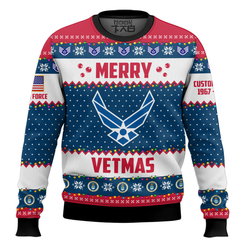 Hooktab US Air Force Merry Vetmas - Custom Name And Years Of Service Ugly Sweater