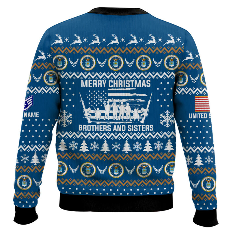 Hooktab US Air Force Merry Xmas Brothers And Sisters - Custom Name And Rank Ugly Sweater Hooktab US Air Force Merry Xmas Brothers And Sisters - Custom Name And Rank Ugly Sweater