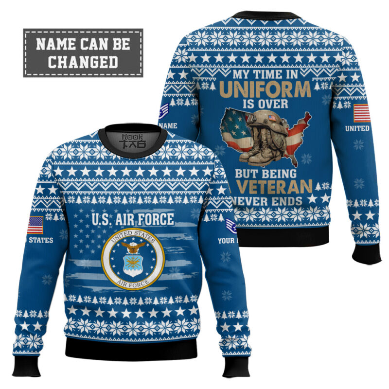 Hooktab US Air Force My Time In Uniform Is Over But Being A Veteran Never Ends - Custom Name And Rank Ugly Sweater Hooktab US Air Force My Time In Uniform Is Over But Being A Veteran Never Ends - Custom Name And Rank Ugly Sweater