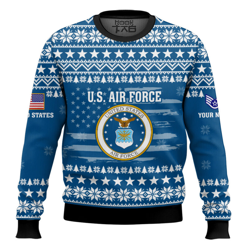 Hooktab US Air Force My Time In Uniform Is Over But Being A Veteran Never Ends - Custom Name And Rank Ugly Sweater
