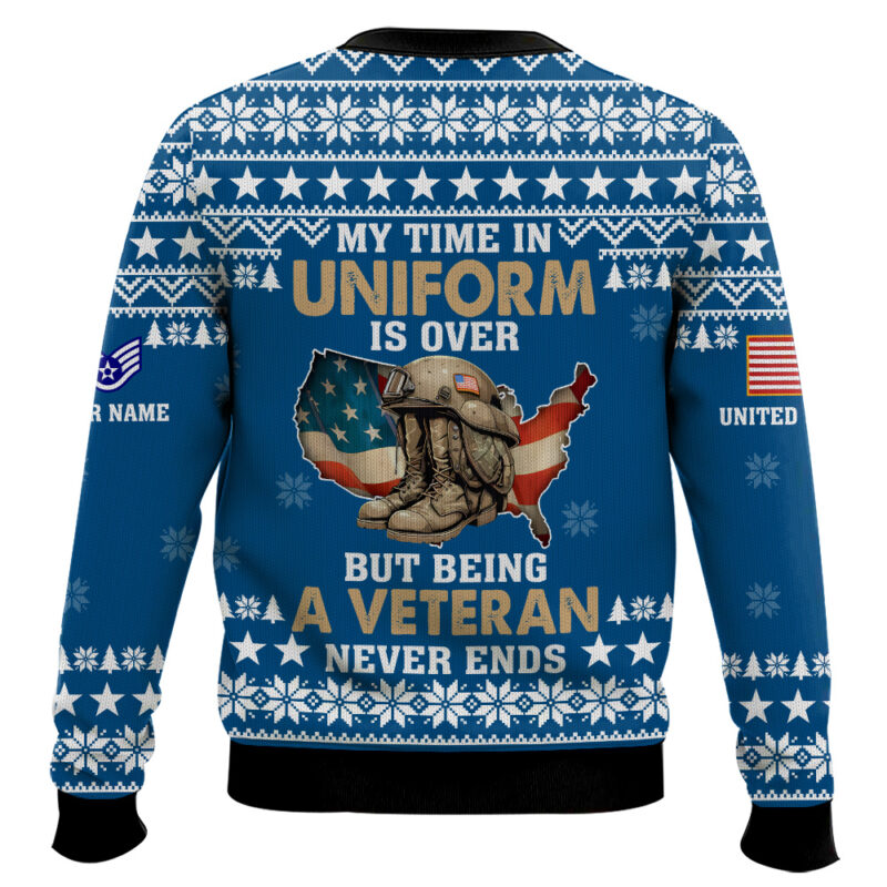 Hooktab US Air Force My Time In Uniform Is Over But Being A Veteran Never Ends - Custom Name And Rank Ugly Sweater Hooktab US Air Force My Time In Uniform Is Over But Being A Veteran Never Ends - Custom Name And Rank Ugly Sweater