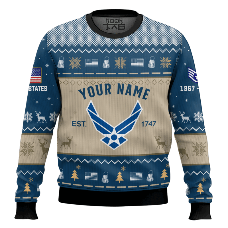 Hooktab US Air Force Proud Motto - Custom Name, Rank And Years Of Service Ugly Sweater