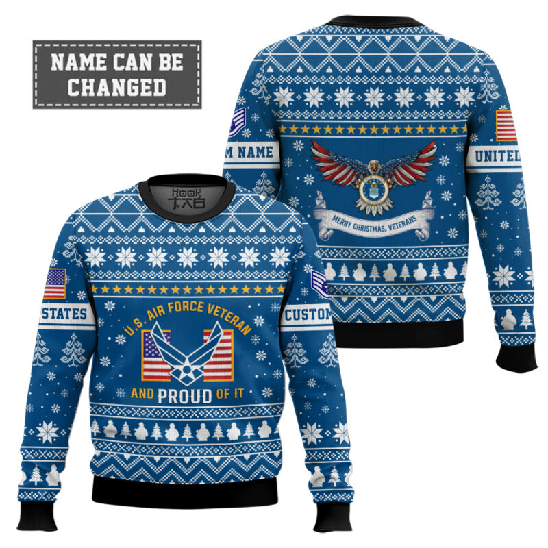 Hooktab US Air Force Proud Veteran - Custom Name And Rank Ugly Sweater Hooktab US Air Force Proud Veteran - Custom Name And Rank Ugly Sweater