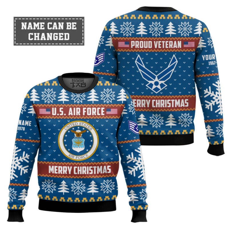 Hooktab US Air Force Proud Veteran - Custom Name, Rank And Years Of Service Ugly Sweater Hooktab US Air Force Proud Veteran - Custom Name, Rank And Years Of Service Ugly Sweater