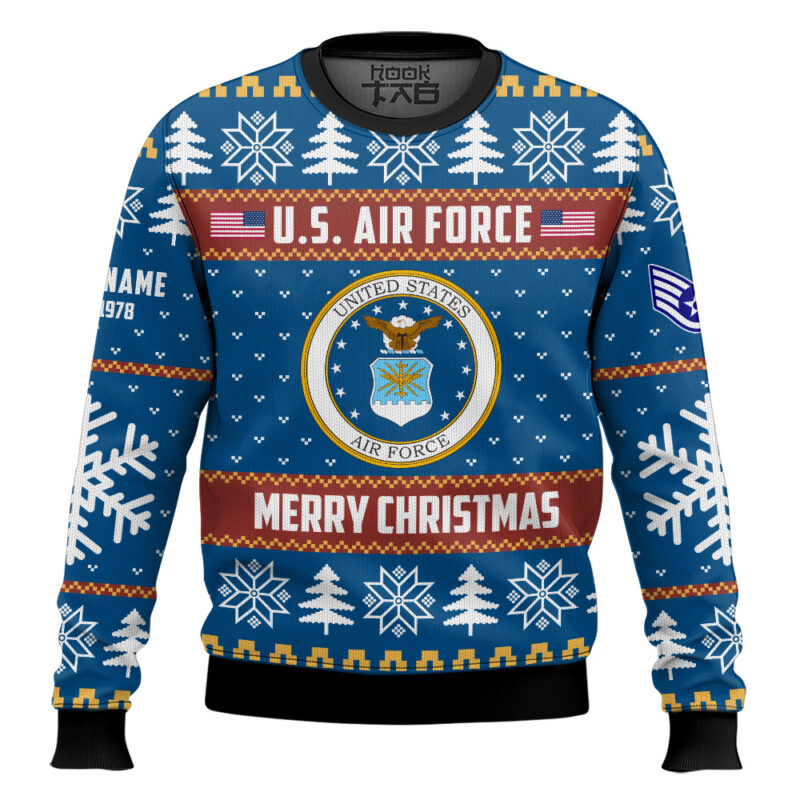 Hooktab US Air Force Proud Veteran - Custom Name, Rank And Years Of Service Ugly Sweater