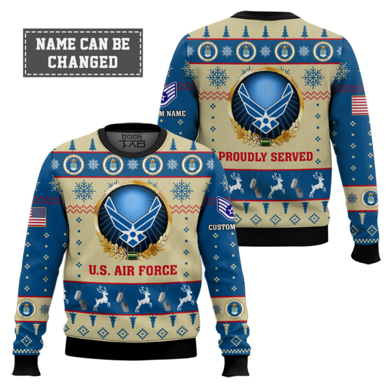 Hooktab US Air Force Proudly Served - Custom Name And Rank Ugly Sweater Hooktab US Air Force Proudly Served - Custom Name And Rank Ugly Sweater