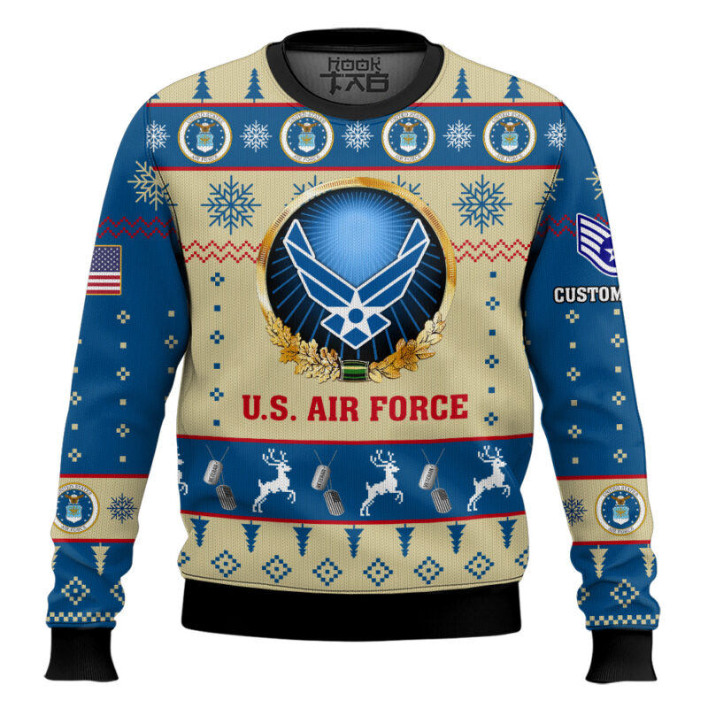 Hooktab US Air Force Proudly Served - Custom Name And Rank Ugly Sweater
