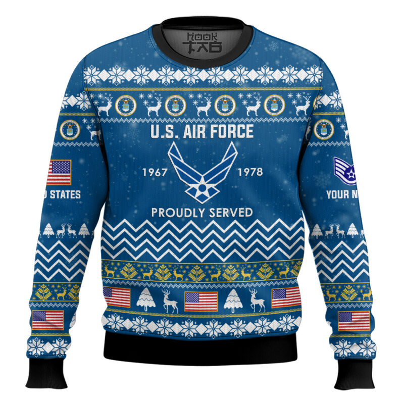 Hooktab US Air Force Proudly Served Veteran - Custom Name, Rank And Years Of Service Ugly Sweater