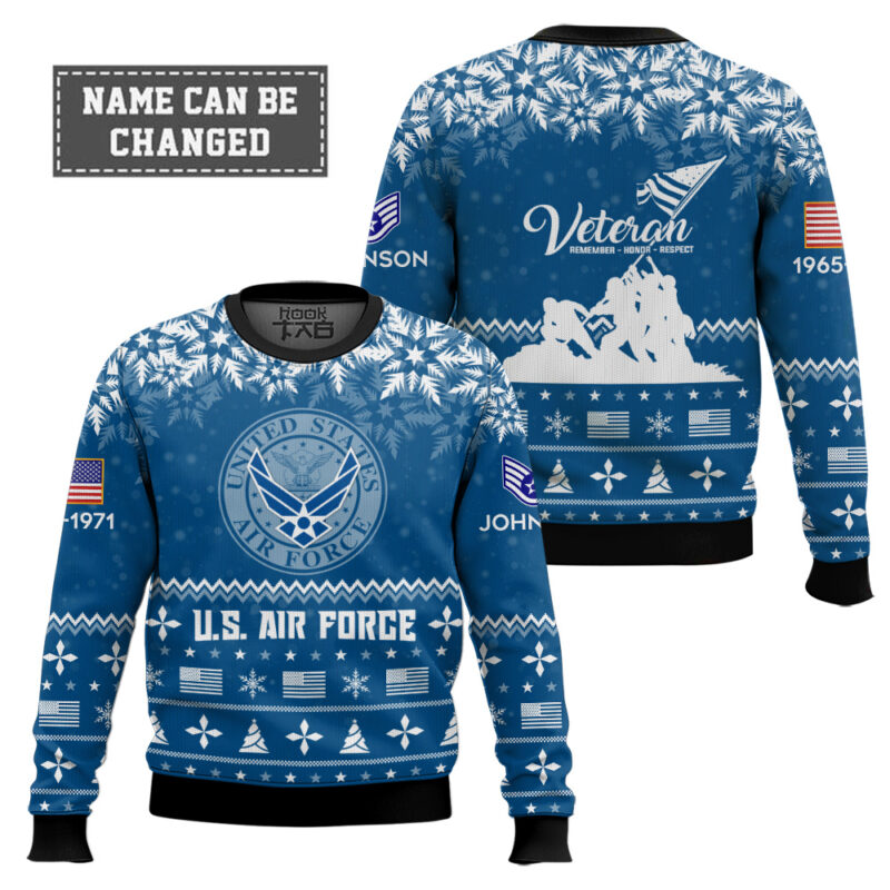 Hooktab US Air Force Remember-Honor-Respect - Custom Name, Rank And Years Of Service Ugly Sweater Hooktab US Air Force Remember-Honor-Respect - Custom Name, Rank And Years Of Service Ugly Sweater