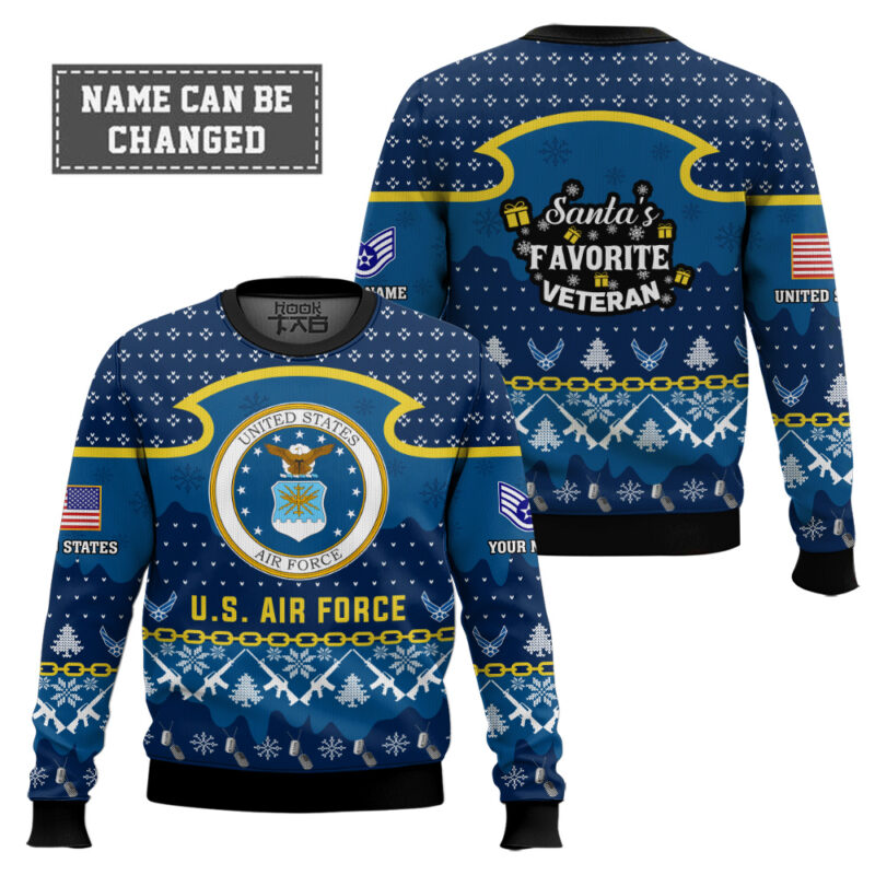 Hooktab US Air Force Santa's Favorite Veteran - Custom Name And Rank Ugly Sweater Hooktab US Air Force Santa's Favorite Veteran - Custom Name And Rank Ugly Sweater