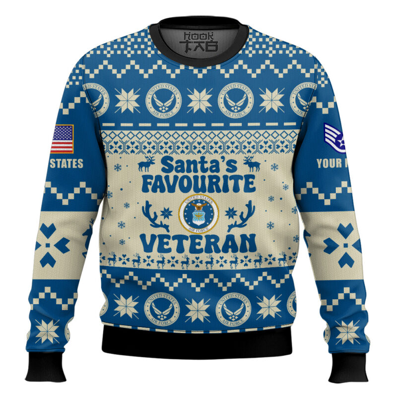 Hooktab US Air Force Santa's Favourite Veterans - Custom Name And Rank Ugly Sweater