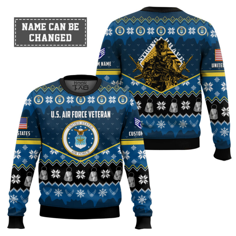 Hooktab US Air Force Strong And Brave - Custom Name And Rank Ugly Sweater Hooktab US Air Force Strong And Brave - Custom Name And Rank Ugly Sweater