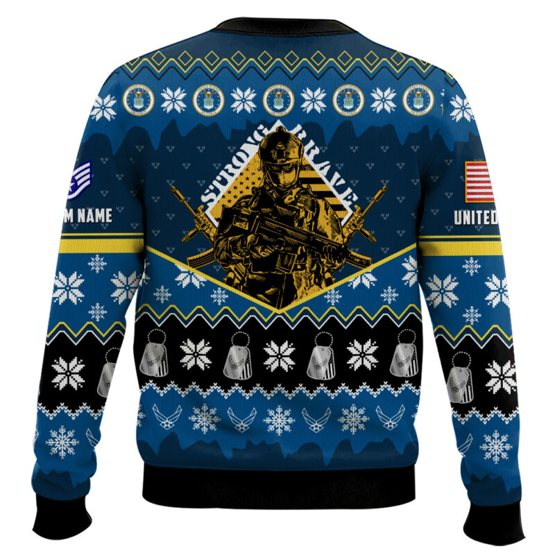Hooktab US Air Force Strong And Brave - Custom Name And Rank Ugly Sweater Hooktab US Air Force Strong And Brave - Custom Name And Rank Ugly Sweater