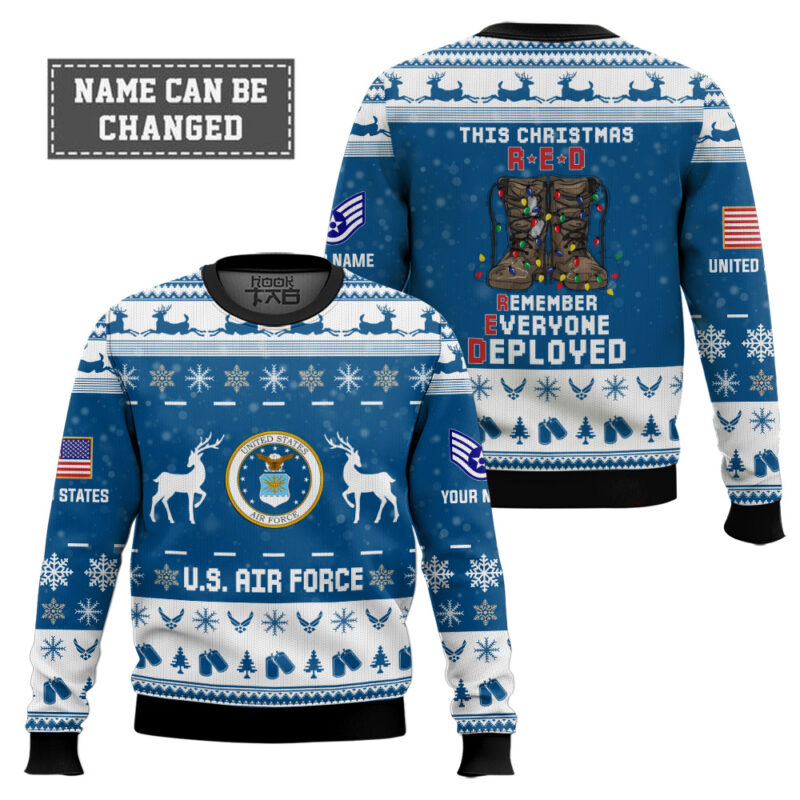 Hooktab US Air Force This Christmas R.E.D - Custom Name And Rank Ugly Sweater Hooktab US Air Force This Christmas R.E.D - Custom Name And Rank Ugly Sweater
