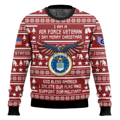 Hooktab US Air Force Veteran Merry Christmas - Custom Name And Rank Ugly Sweater