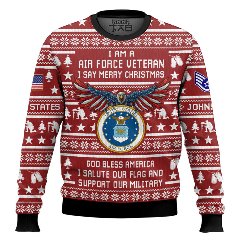 Hooktab US Air Force Veteran Merry Christmas - Custom Name And Rank Ugly Sweater