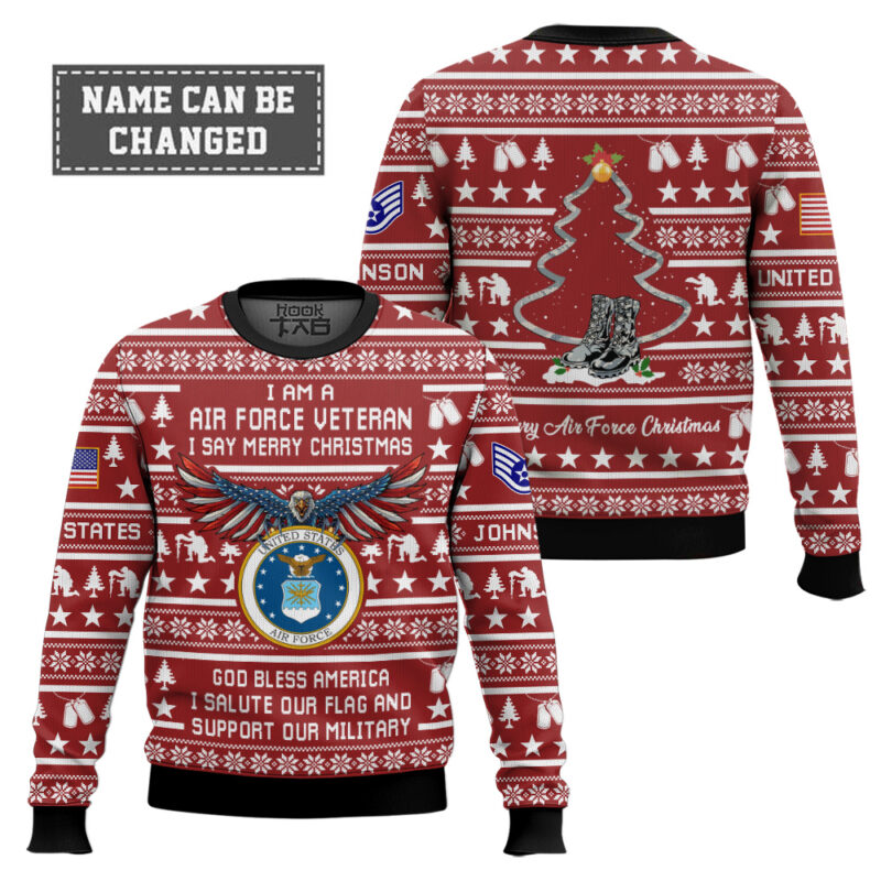 Hooktab US Air Force Veteran Merry Christmas - Custom Name And Rank Ugly Sweater Hooktab US Air Force Veteran Merry Christmas - Custom Name And Rank Ugly Sweater
