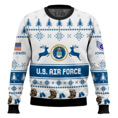Hooktab US Air Force Veteran Proudly Served - Custom Name And Rank Ugly Sweater