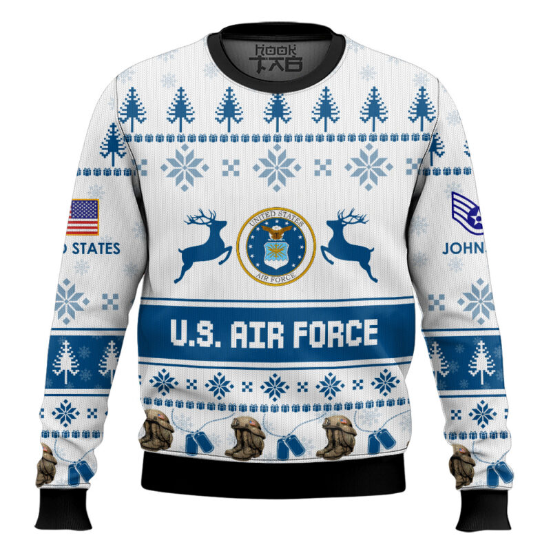 Hooktab US Air Force Veteran Proudly Served - Custom Name And Rank Ugly Sweater