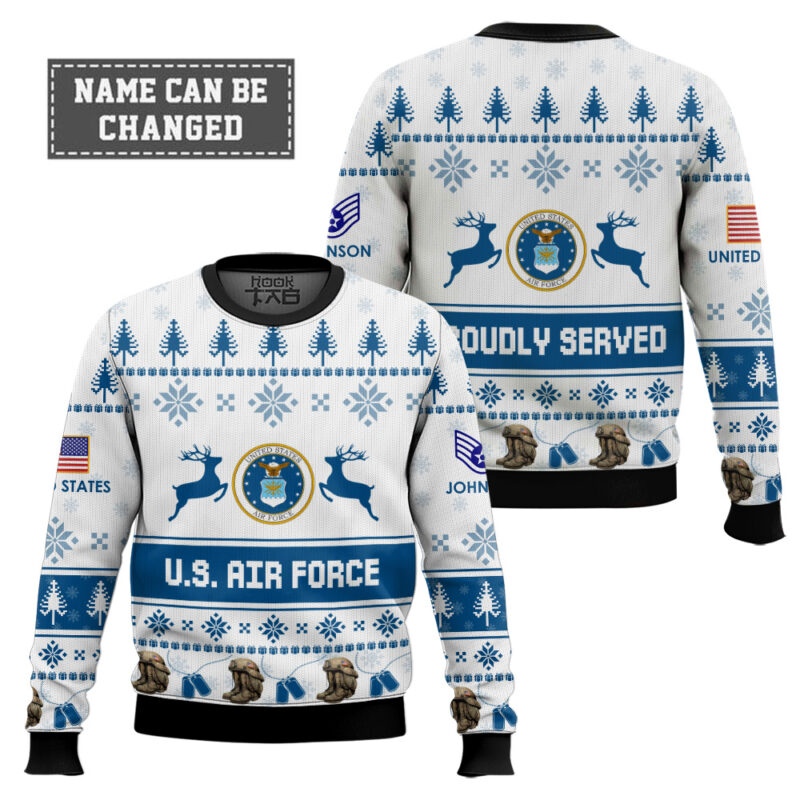 Hooktab US Air Force Veteran Proudly Served - Custom Name And Rank Ugly Sweater Hooktab US Air Force Veteran Proudly Served - Custom Name And Rank Ugly Sweater