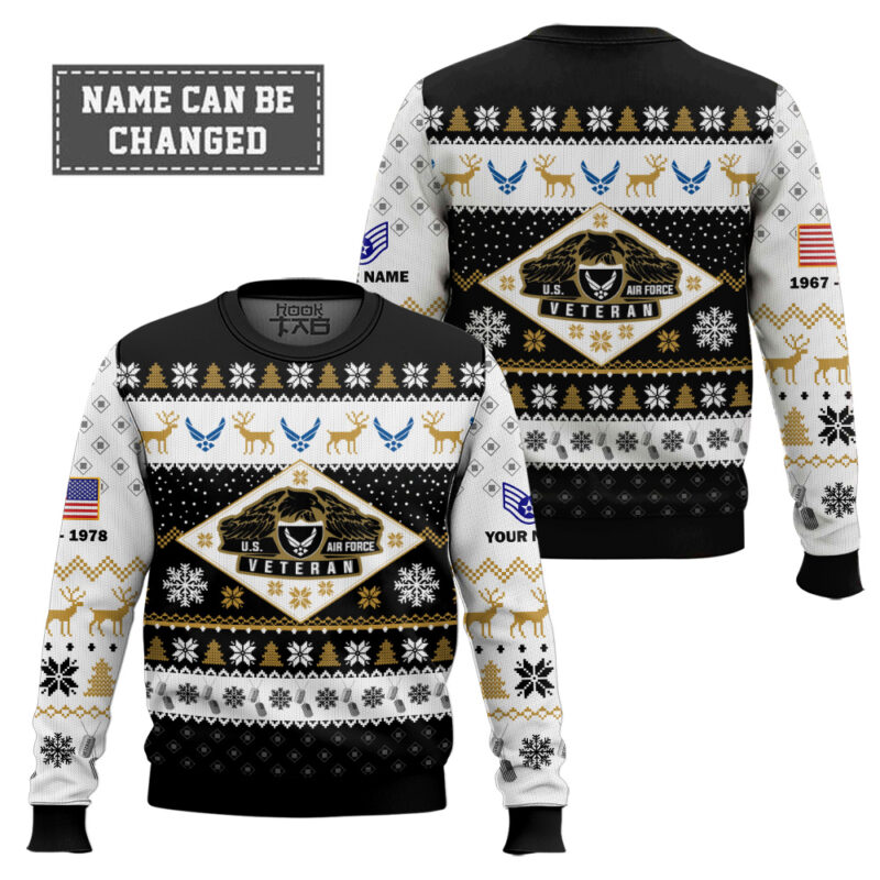 Hooktab US Air Force Veterans - Custom Name, Rank And Years Of Service Ugly Sweater Hooktab US Air Force Veterans - Custom Name, Rank And Years Of Service Ugly Sweater