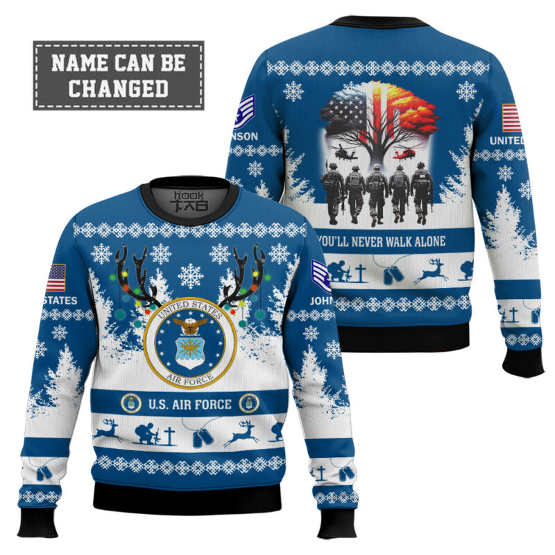 Hooktab US Air Force You'll Never Walk Alone - Custom Name and Rank Ugly Sweater Hooktab US Air Force You'll Never Walk Alone - Custom Name and Rank Ugly Sweater