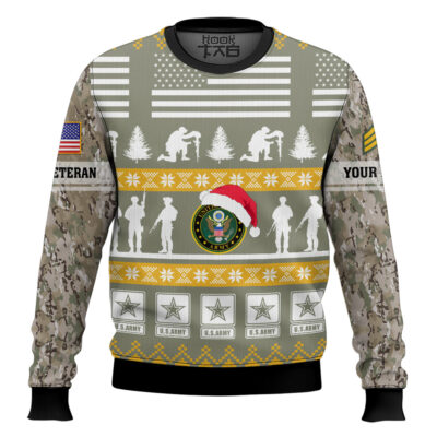 Hooktab US Army Be Nice To Veterans Remember Santa Is Always Watching - Custom Name And Rank Ugly Sweater