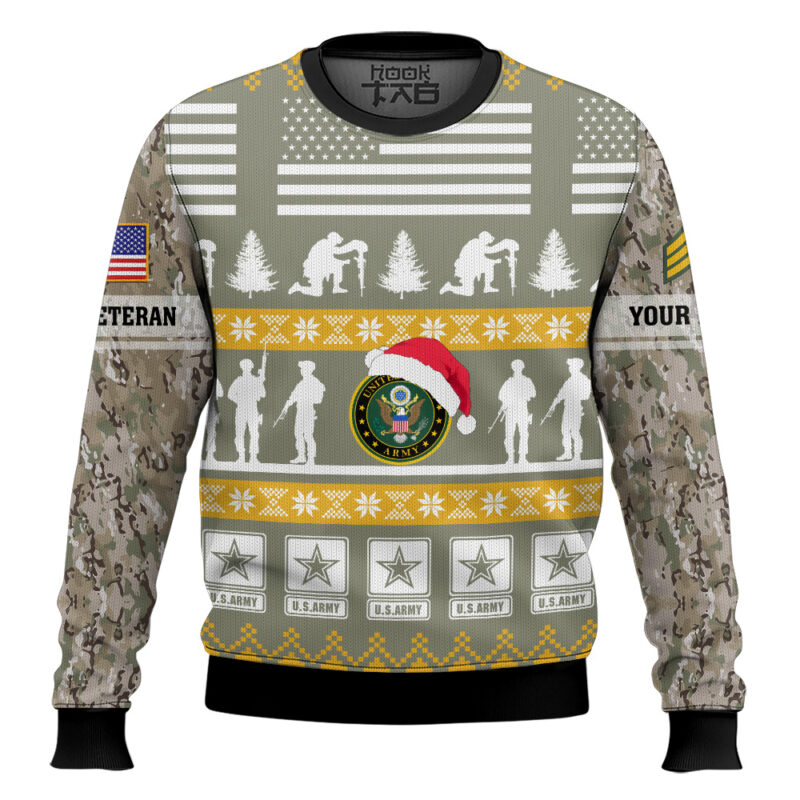 Hooktab US Army Be Nice To Veterans Remember Santa Is Always Watching - Custom Name And Rank Ugly Sweater