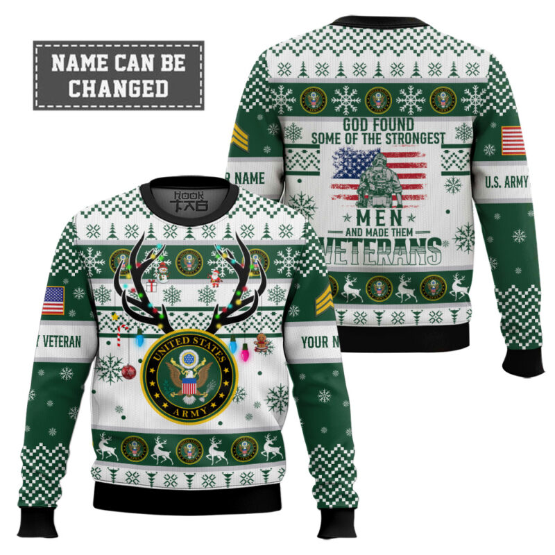 Hooktab US Army God Found The Strongest Men And Made Them Veteran - Custom Name And Rank Ugly Sweater Hooktab US Army God Found The Strongest Men And Made Them Veteran - Custom Name And Rank Ugly Sweater